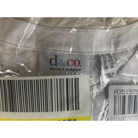 Denim & Co. Eyelet Button Front White Shirt & Tank Set XXS New A351579 - Picture 3 of 6